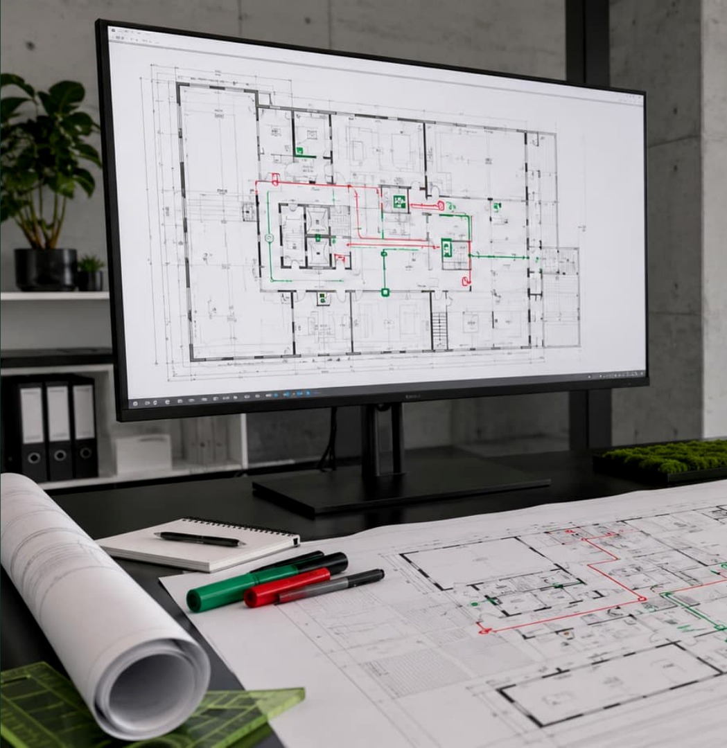 CAD-Plan mit Brandschutzmarkierungen am Bildschirm, daneben ausgedruckte Pläne und Markierstifte