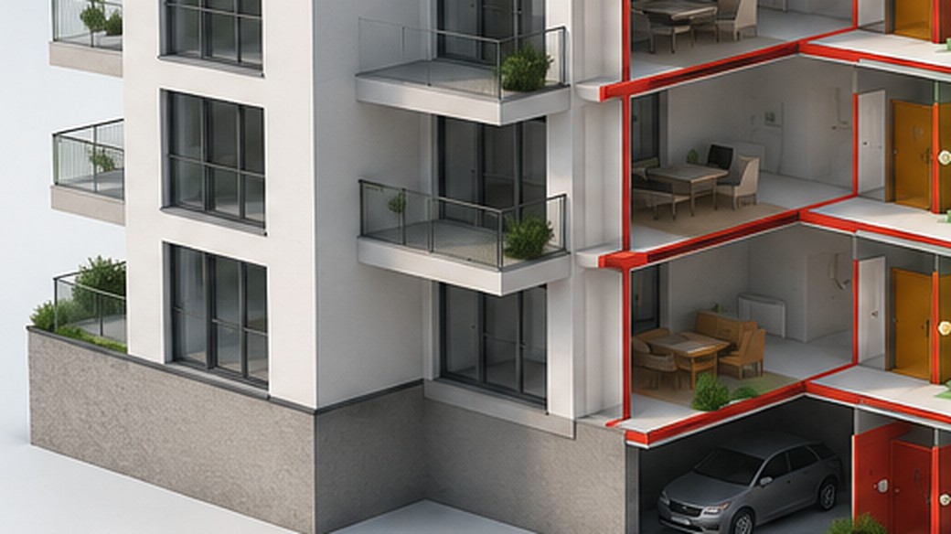 3D-Schnittmodell eines Mehrfamilienhauses mit farblich markierten Brandabschnitten über die Geschosse