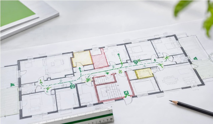 Markierter Papierplan mit Fluchtwegen, Brandabschnitten und Brandschutzpunkten