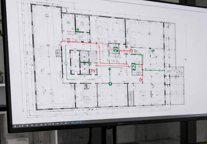 CAD-Plan auf Monitor mit farbigen Brandschutzmarkierungen